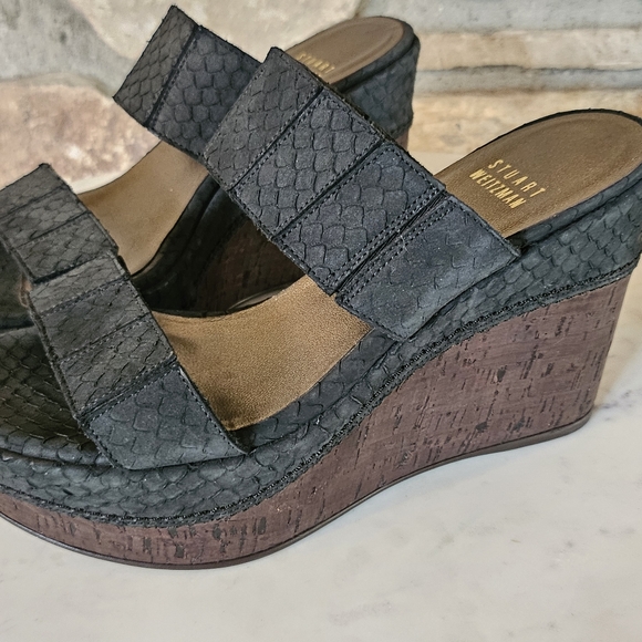 Stuart Weitzman Black Reptile Pattern Upper Cork Wedge Slide Sandals  Size 6M - Picture 8 of 14